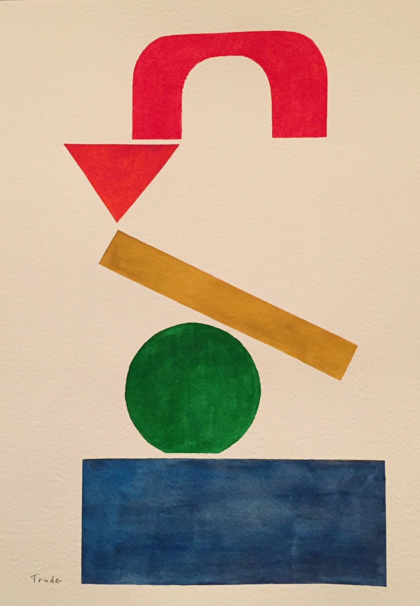 Red arch, inverted red triangle, gold diagonal bar, green circle and blue rectangle stacked on cream